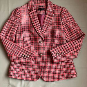 Red Houndstooth Blazer Wool Blend Crest Buttons Fully Lined Size 4 Talbots
